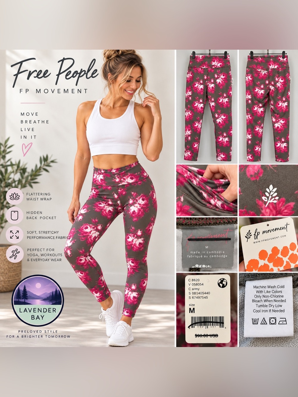 NWT Free People FP Movement Floral Rose Garden Leggings Gray Pink Size M